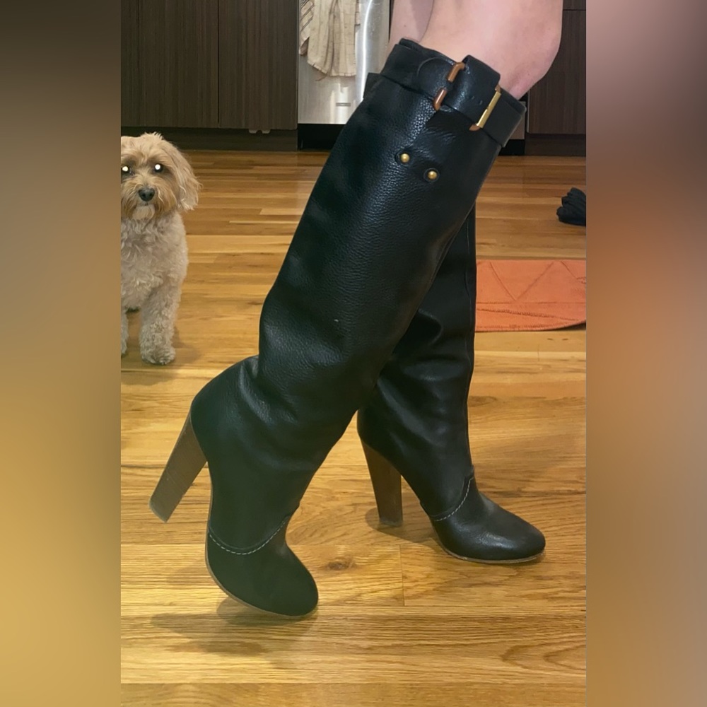 Chloé Black Leather Knee High Heeled Boots - size 37.5 // US 6.5